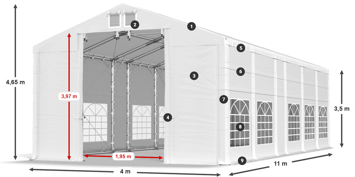 Tetto: MS 580 PVC Pareti: FR 620 PVC 3.5m leggenda