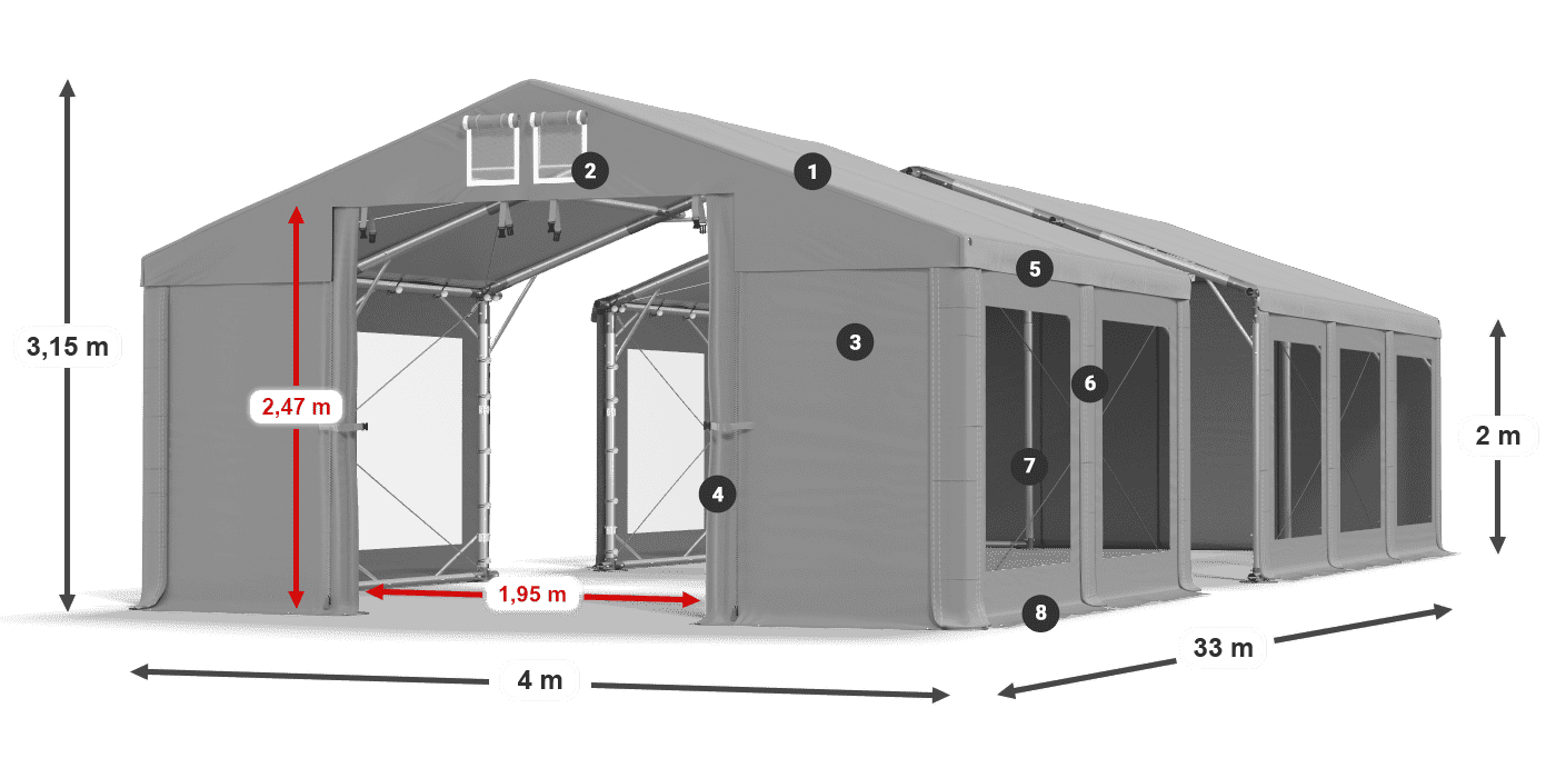 Tetto: MS 580 PVC Pareti: MS 580 PVC 2m leggenda