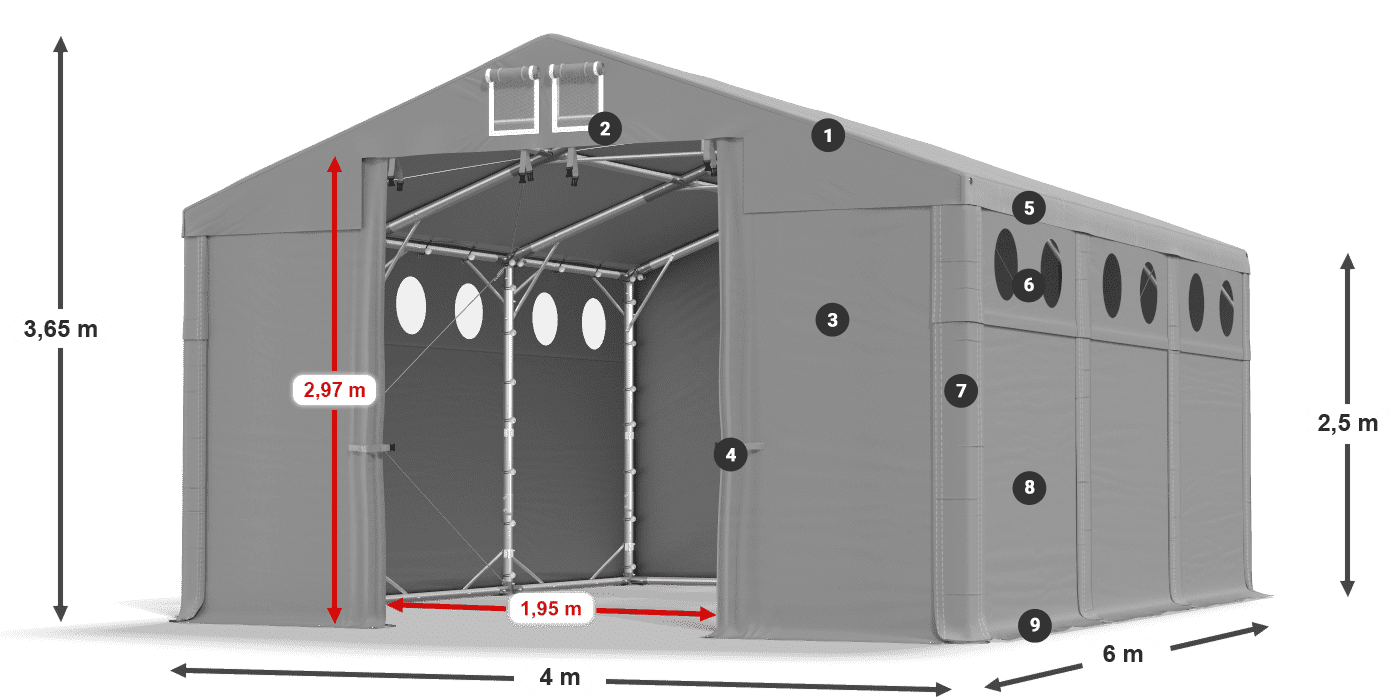 Tetto: MS 580 PVC Pareti: FR O 620 PVC 2.5m leggenda