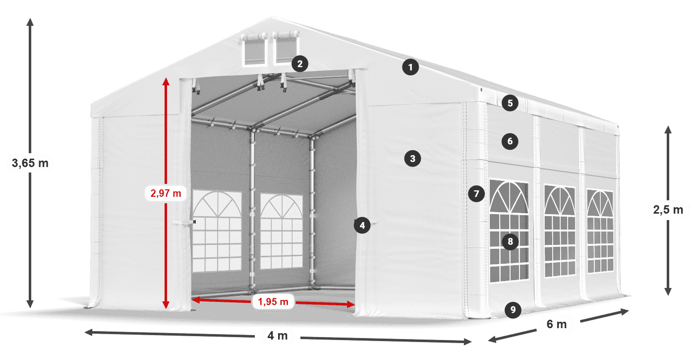 Tetto: MS 580 PVC Pareti: FR 620 PVC 2.5m leggenda