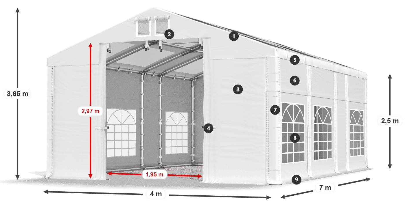 Tetto: MS T 580 PVC Pareti: FR 620 PVC 2.5m leggenda