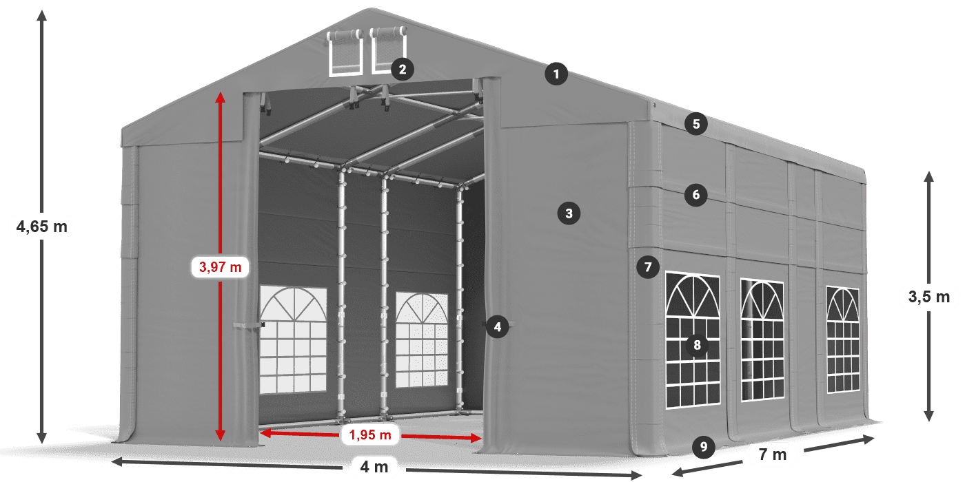 Tetto: FR 620 PVC Pareti: SD 500 PVC 3.5m leggenda