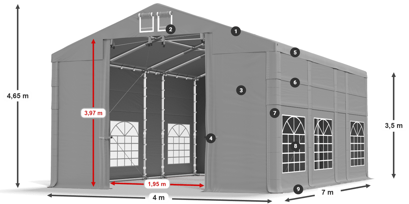 Tetto: FR 620 PVC Pareti: SD 500 PVC 3.5m leggenda