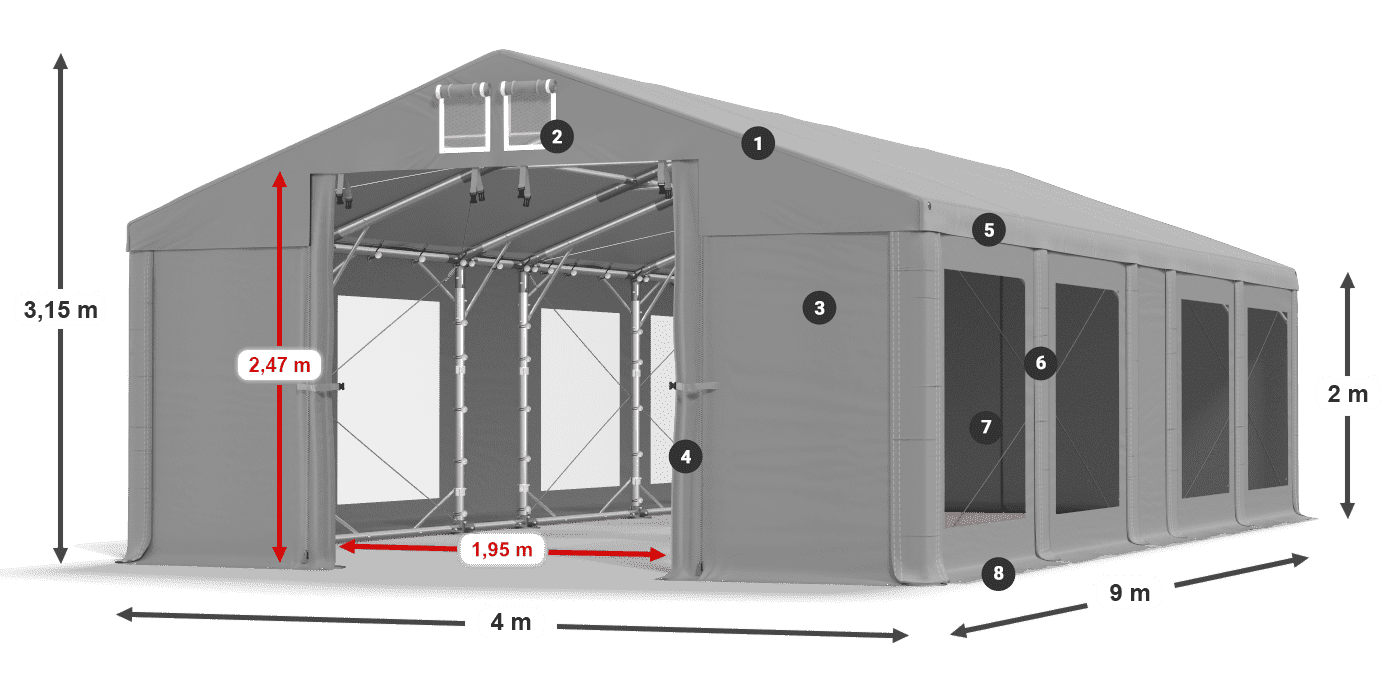 Tetto: MS 580 PVC Pareti: MS 580 PVC 2m leggenda
