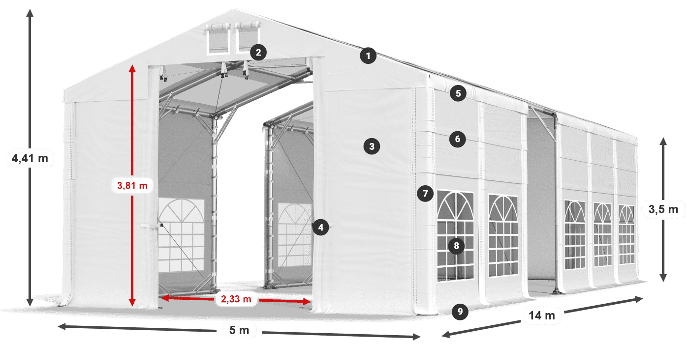 Tetto: MS T 580 PVC Pareti: FR 620 PVC 2.5m leggenda