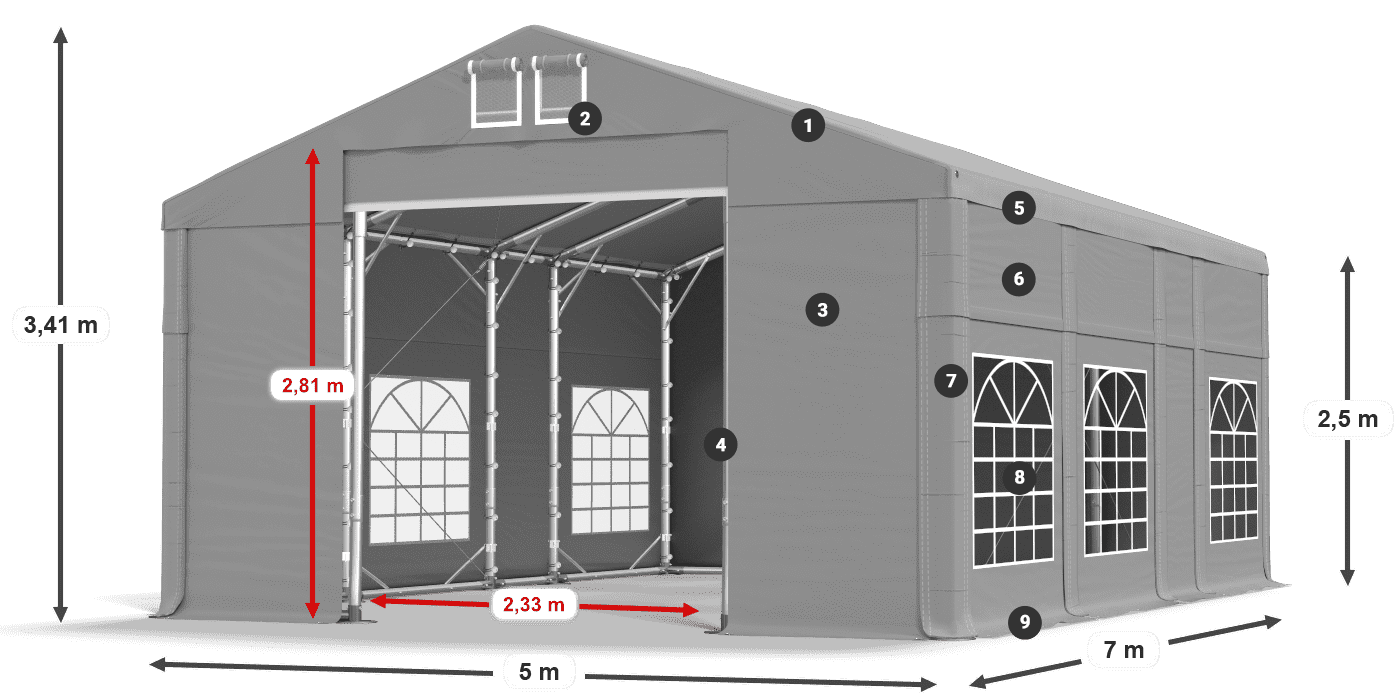 Tetto: FR 620 PVC Pareti: SD 500 PVC 2.5m leggenda