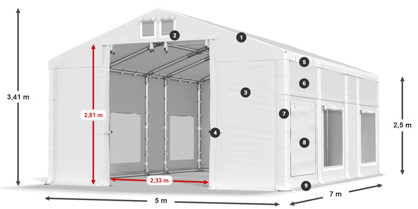 Tetto: FR 620 PVC Pareti: SD 500 PVC 2.5m leggenda