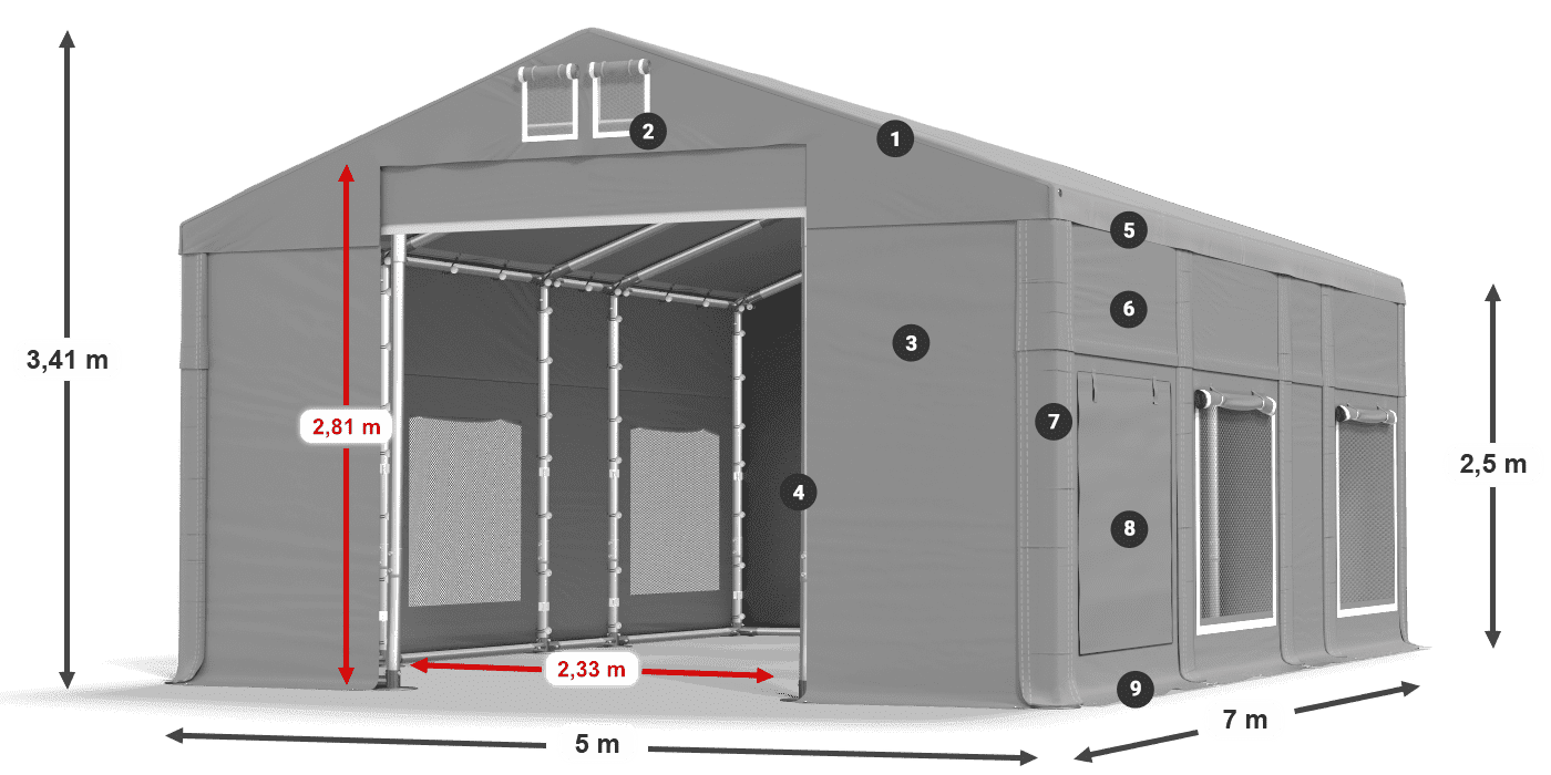 Tetto: FR 620 PVC Pareti: SD 500 PVC 2.5m leggenda