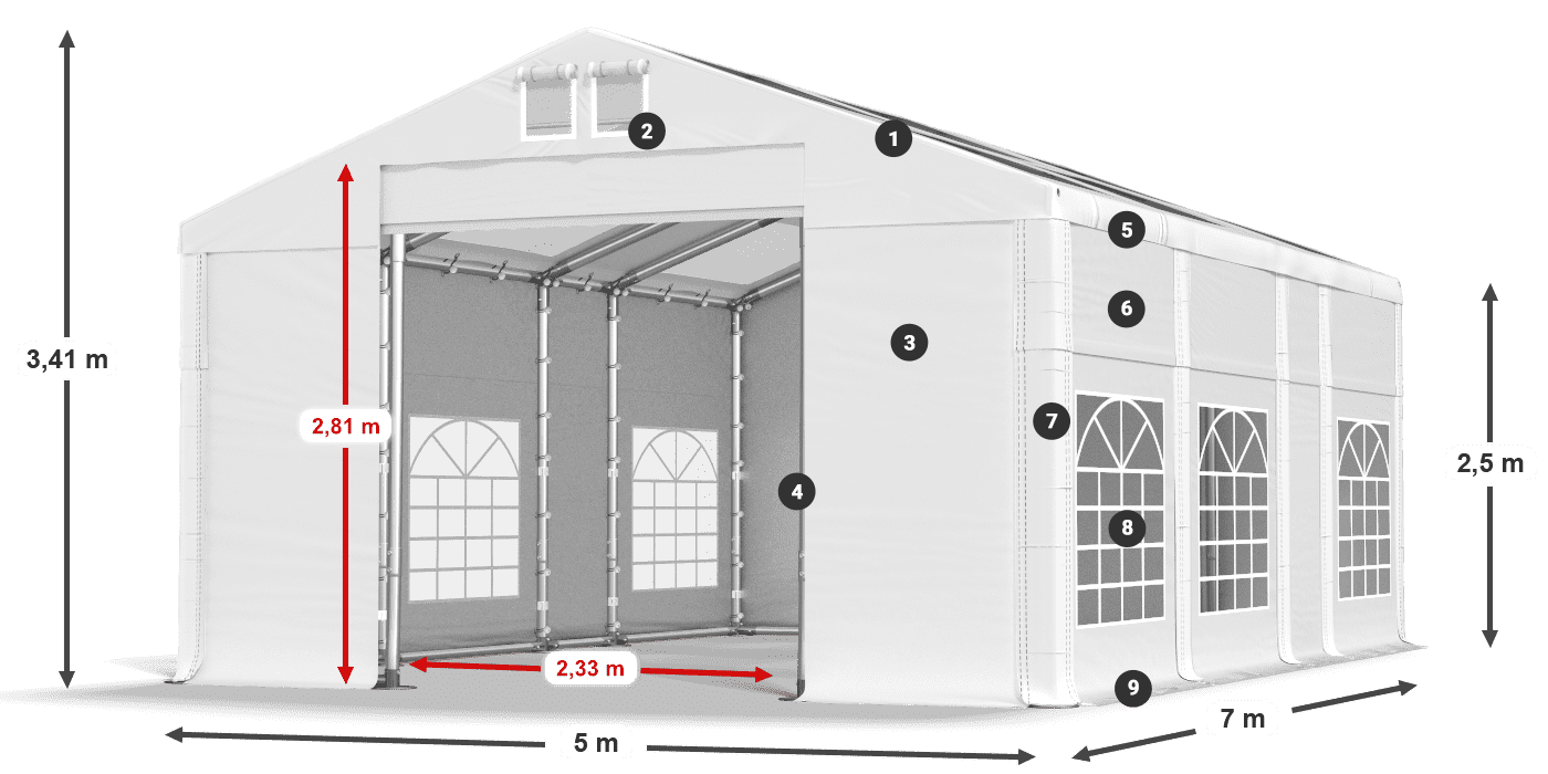 Tetto: MS T 580 PVC Pareti: FR 620 PVC 2.5m leggenda