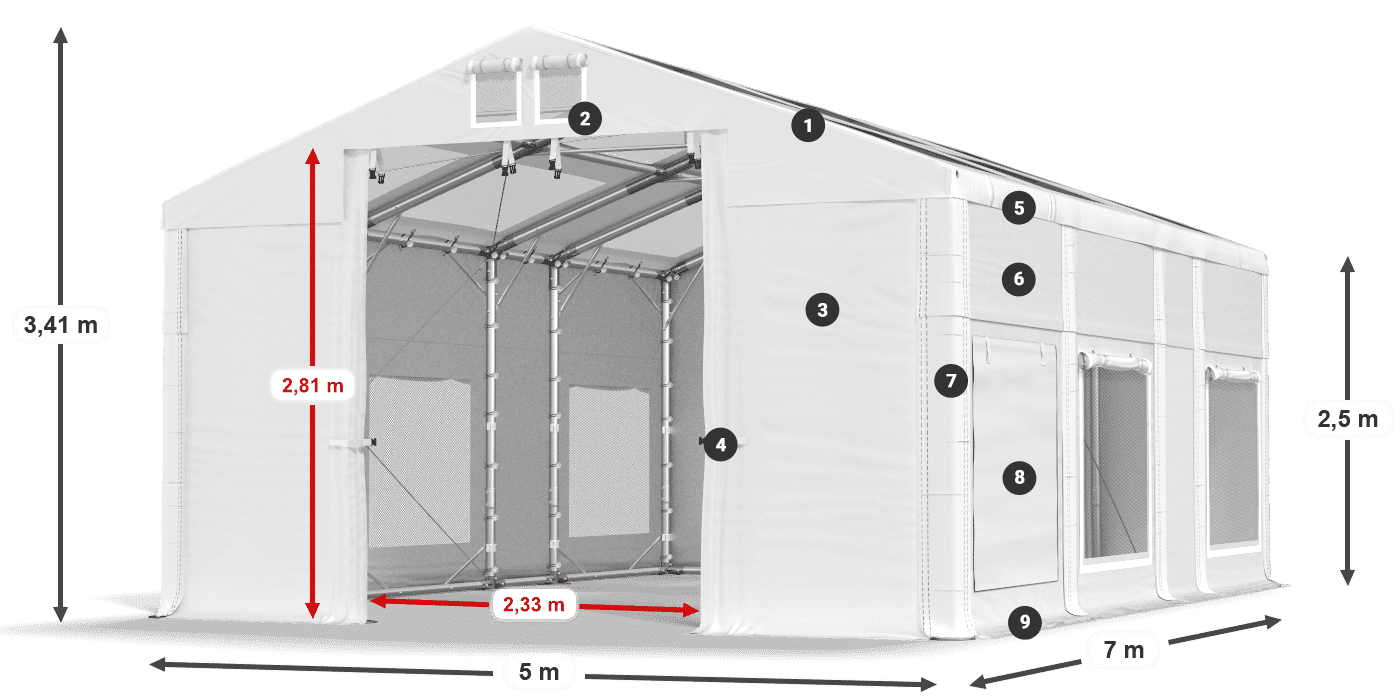 Tetto: MS T 580 PVC Pareti: SD M 500 PVC 2.5m leggenda