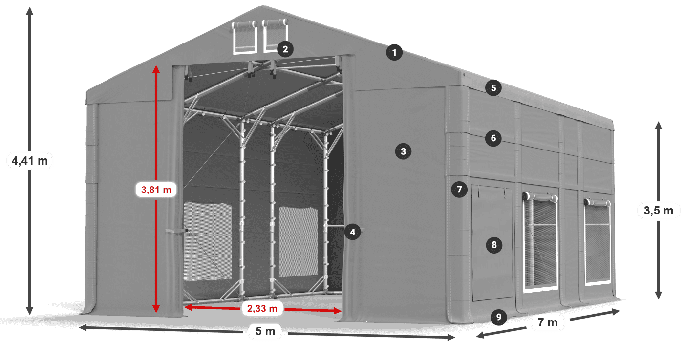 Tetto: FR 620 PVC Pareti: SD 500 PVC 3.5m leggenda