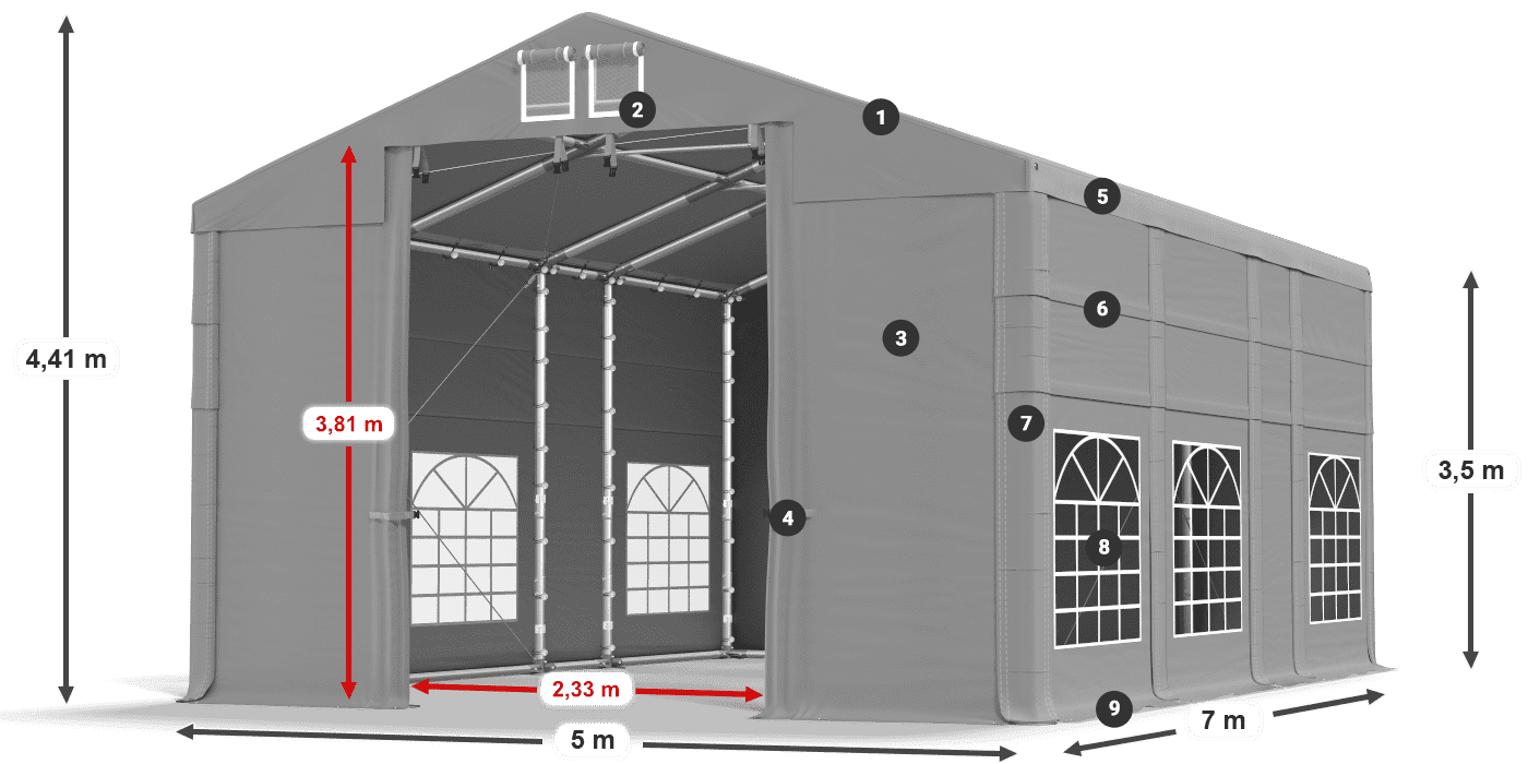 Tetto: FR 620 PVC Pareti: SD 500 PVC 3.5m leggenda