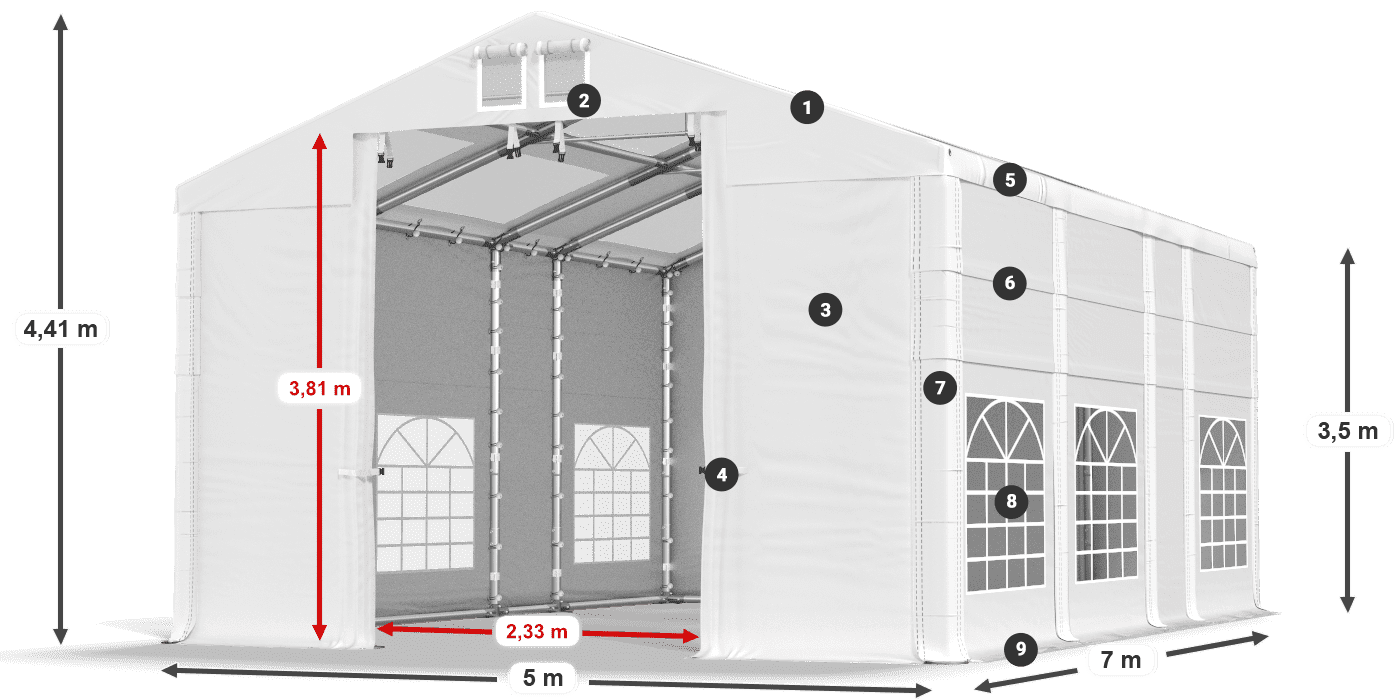 Tetto: MS T 580 PVC Pareti: FR 620 PVC 2.5m leggenda