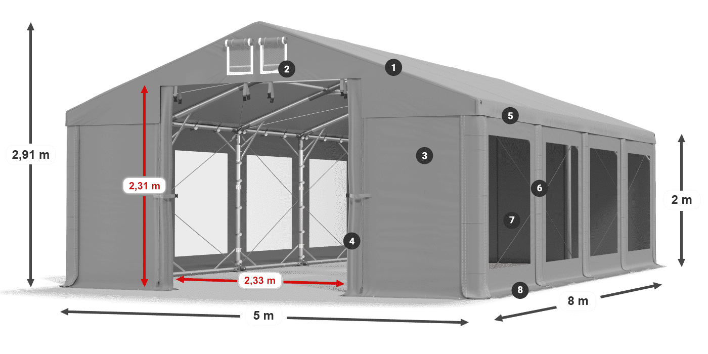 Tetto: MS 580 PVC Pareti: MS 580 PVC 2m leggenda